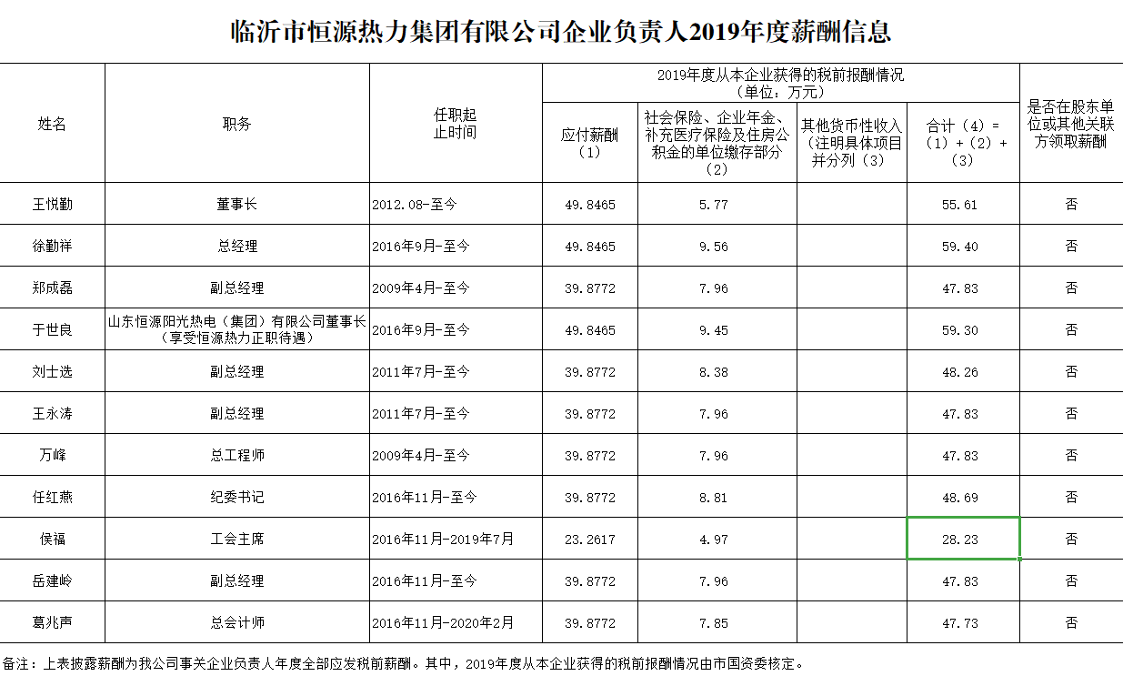 臨沂市恒源熱力集團有限公司企業(yè)負(fù)責(zé)人2019年度薪酬信息